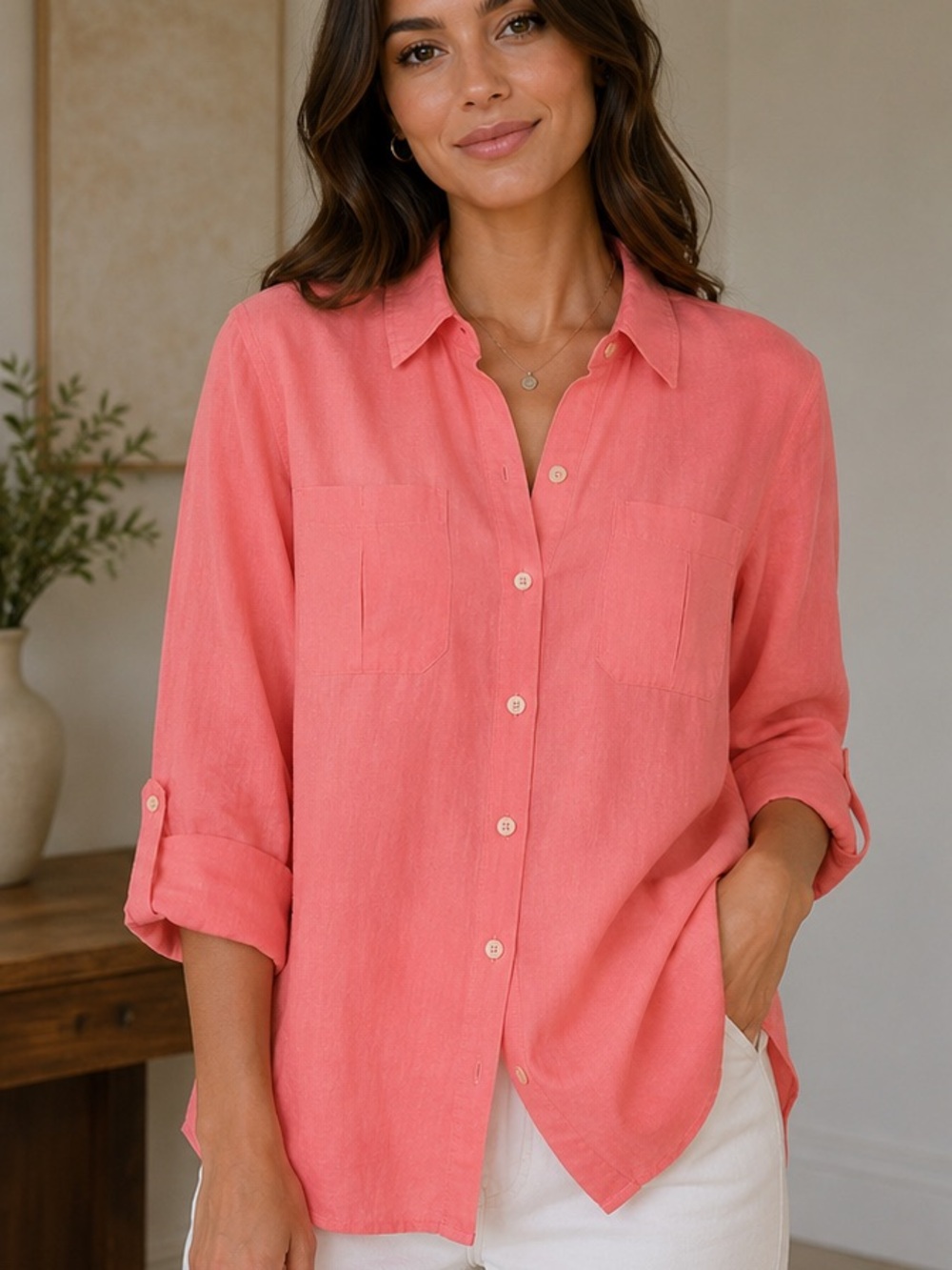 NWT Investment Gold Label Non-Iron Linen Roll-Tab Sleeve Relaxed Shirt Sz 18W